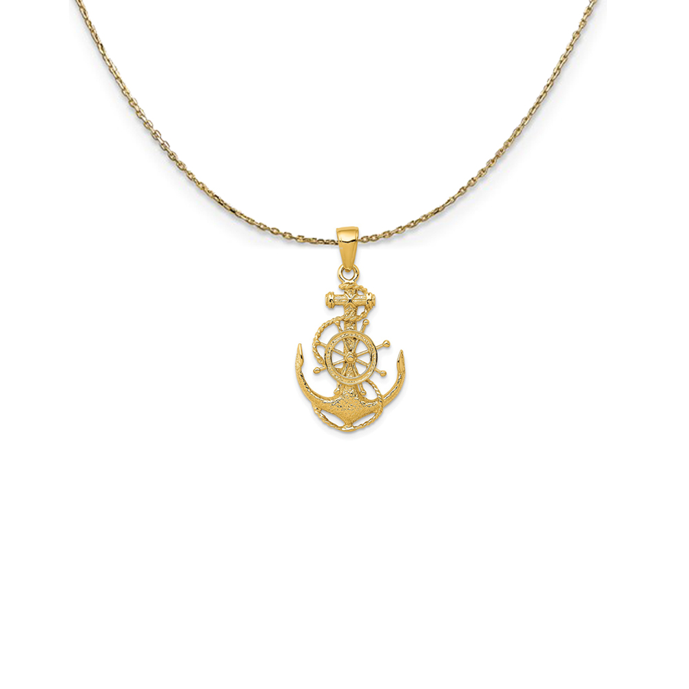 14k Yellow Gold Anchor, Ship's Wheel and Rope Necklace