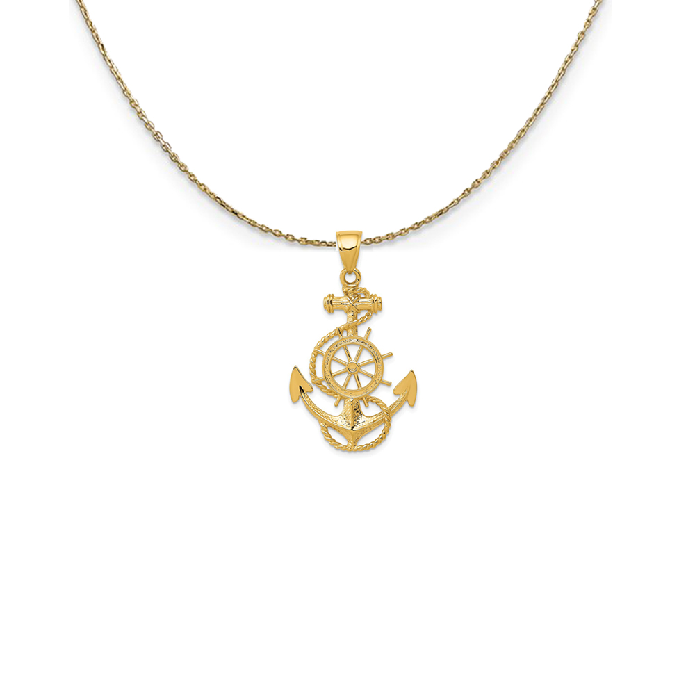 14k Yellow Gold Anchor, Ship's Wheel and Rope Necklace