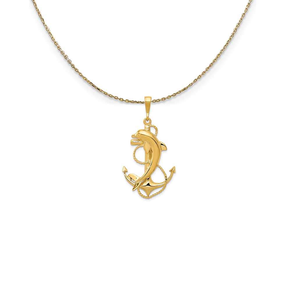 14k Yellow Gold Polished Anchor with Dolphin Necklace