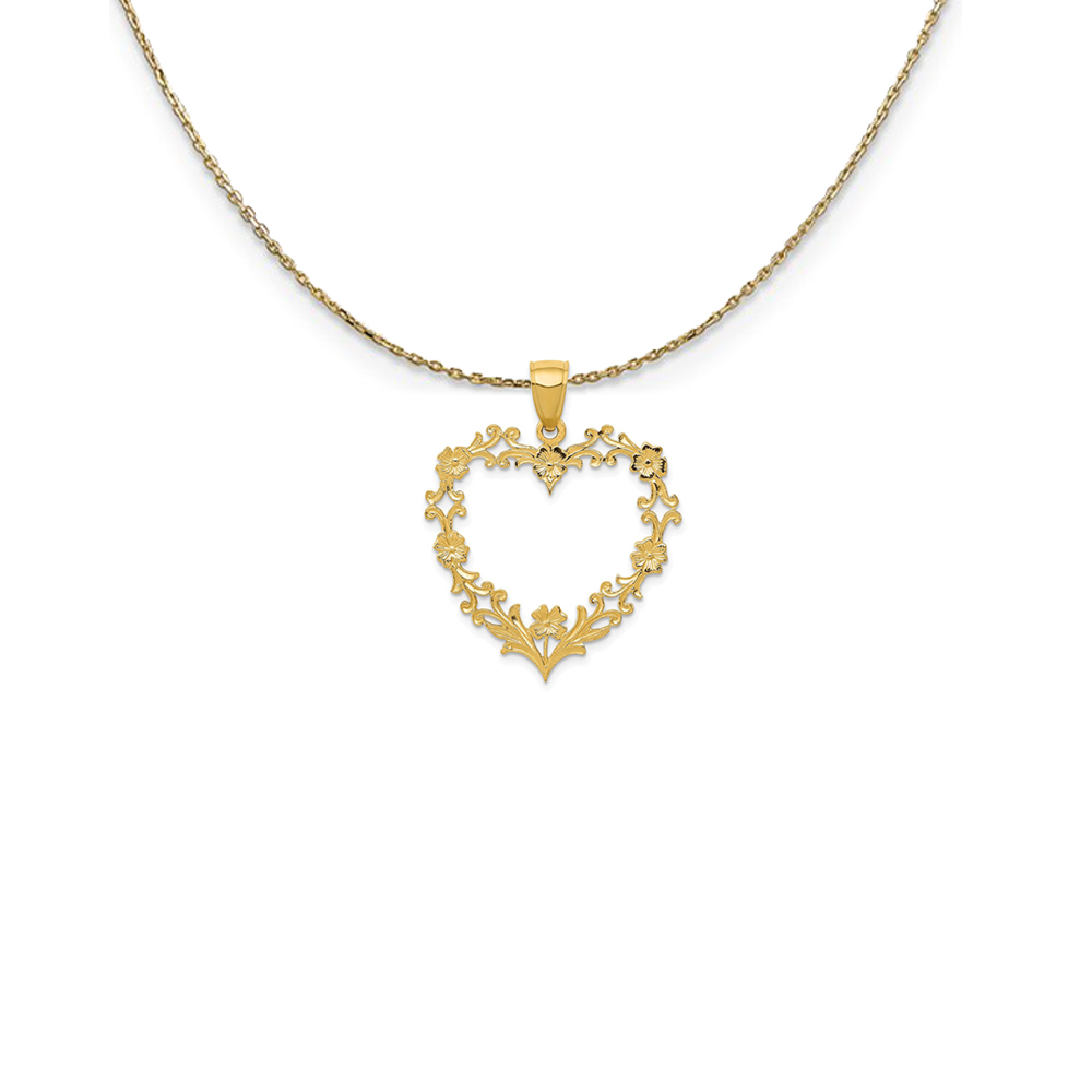 14k Yellow Gold Floral Cutout Heart (26mm) Necklace