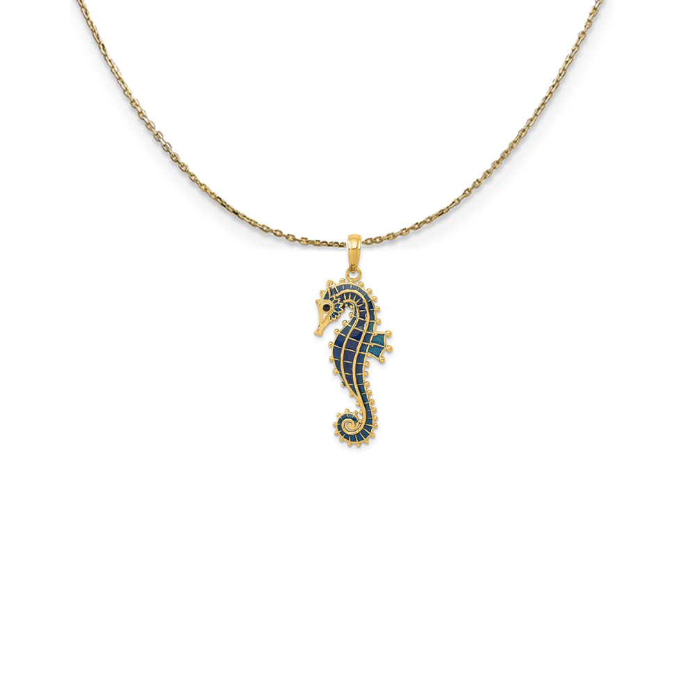 14k Yellow Gold Blue Enameled Seahorse Necklace