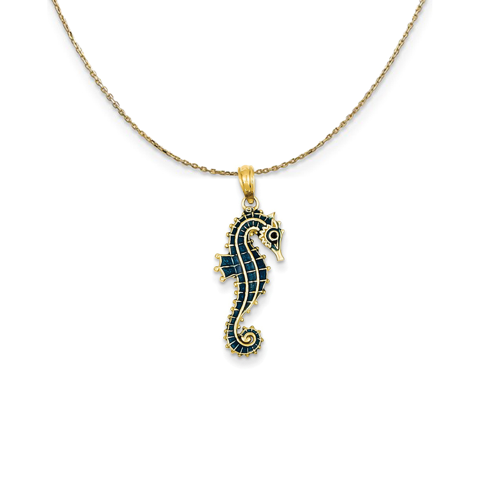 14k Yellow Gold Blue Enameled Seahorse Necklace