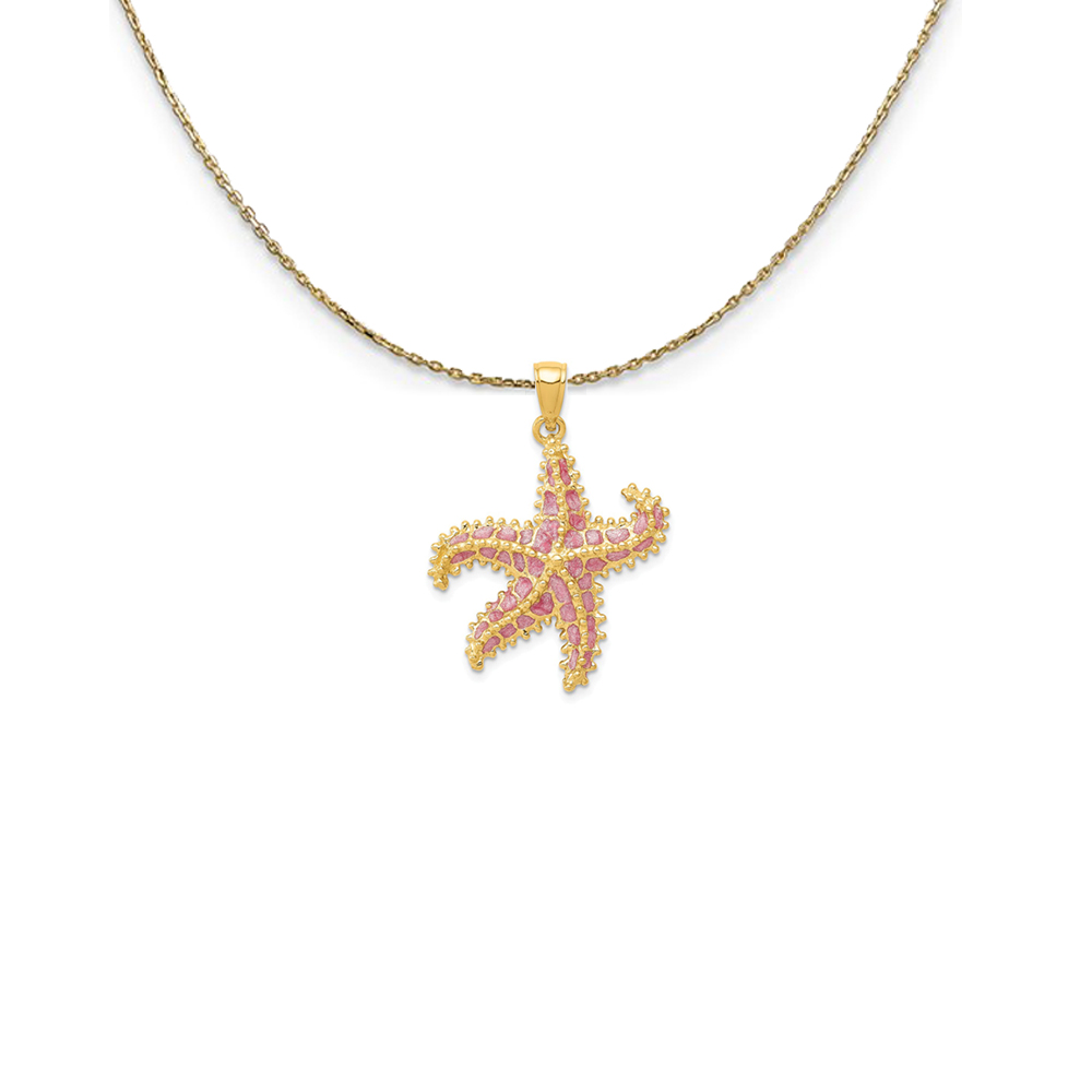 14k Yellow Gold Pink Enameled Starfish Necklace