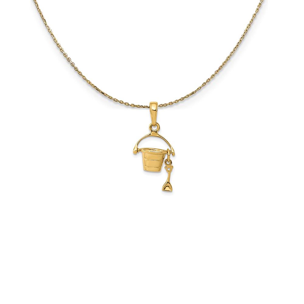 14k Yellow Gold 3D Beach Bucket with Shovel Necklace