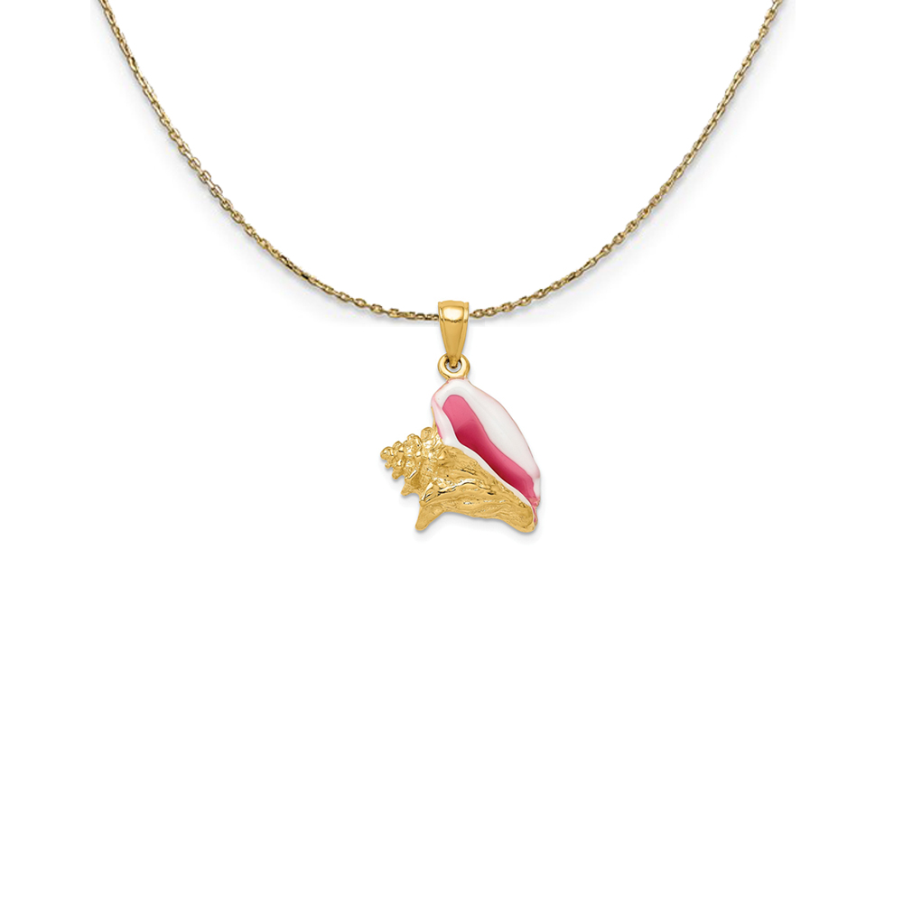 14k Yellow Gold 3D Pink and White Enamel Conch Shell Necklace