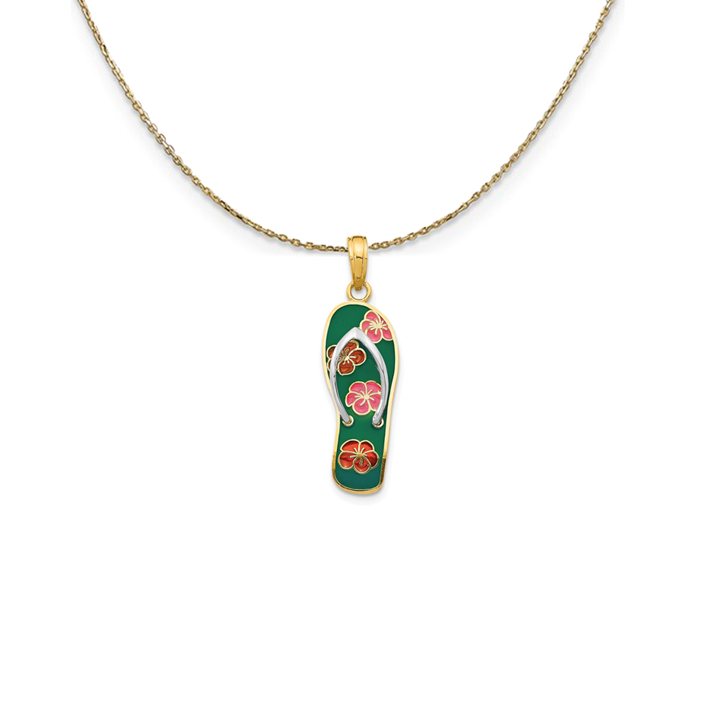 14k Yellow Gold 3D Enameled Floral Flip Flop Necklace