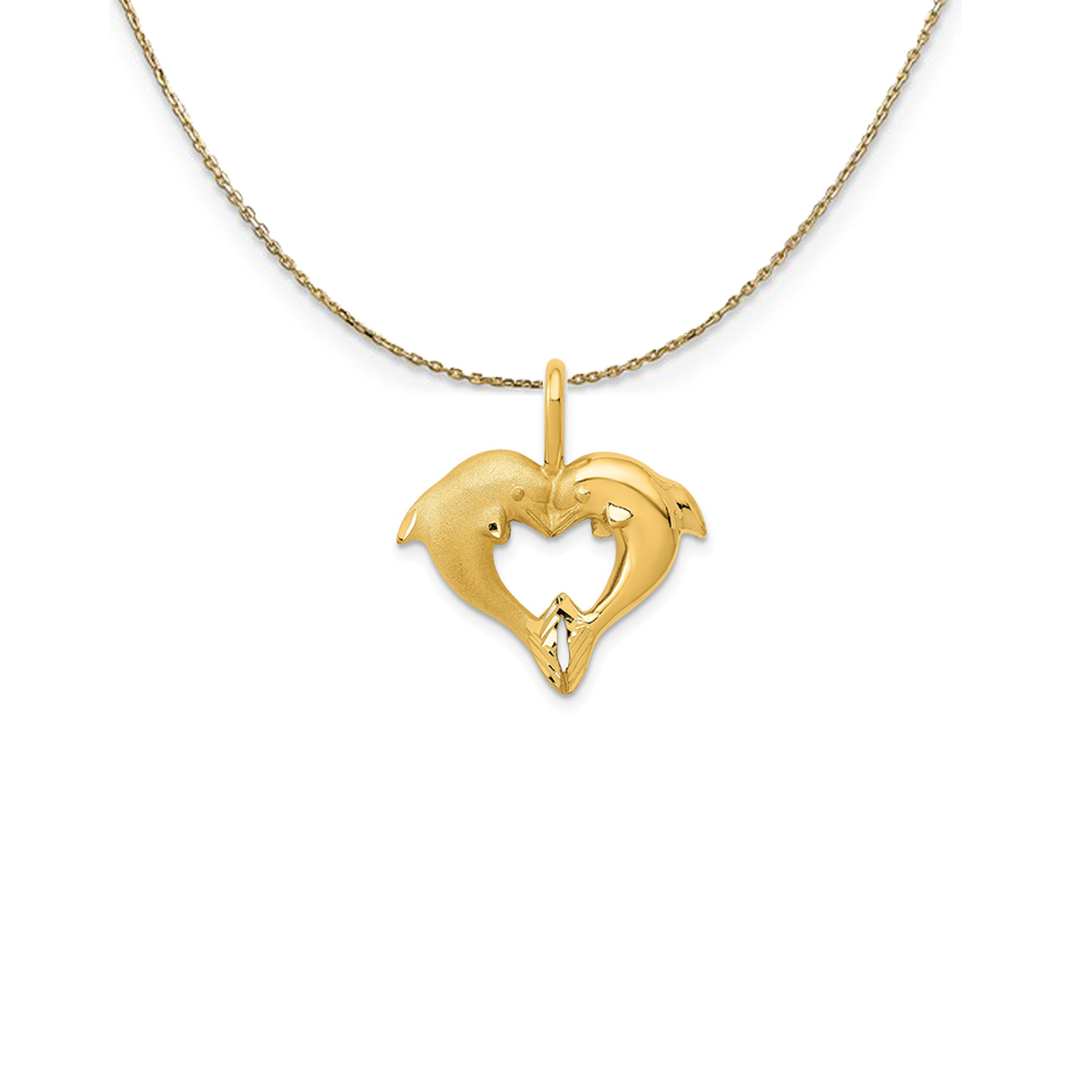 14k Yellow Gold Dolphins Heart Shaped Necklace