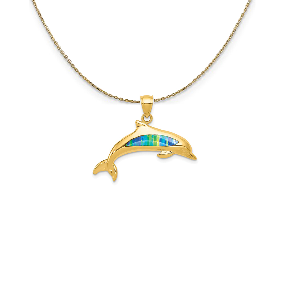 14k Yellow Gold & Imitation Opal Dolphin Necklace