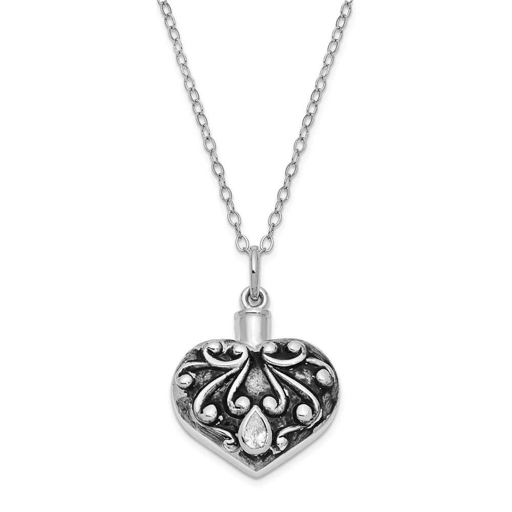 Rhodium Plated Sterling Silver &amp; CZ Heart Ash Holder Necklace, 18 Inch