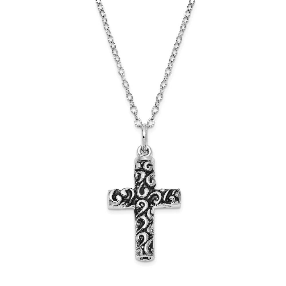 Rhodium Plated Sterling Silver Scroll Cross Ash Holder Necklace, 18in