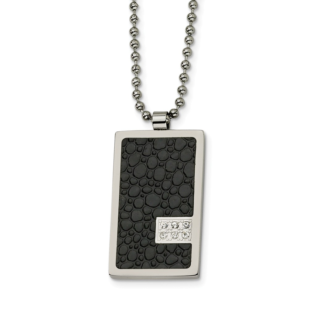 Men&#039;s Steel and Textured Textured Dog tag Necklace with Diamonds