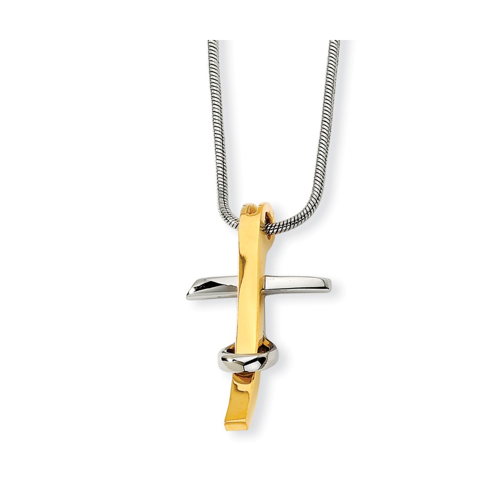 Stainless Steel and Gold Tone Cross and Snake Chain Necklace - 18 Inch