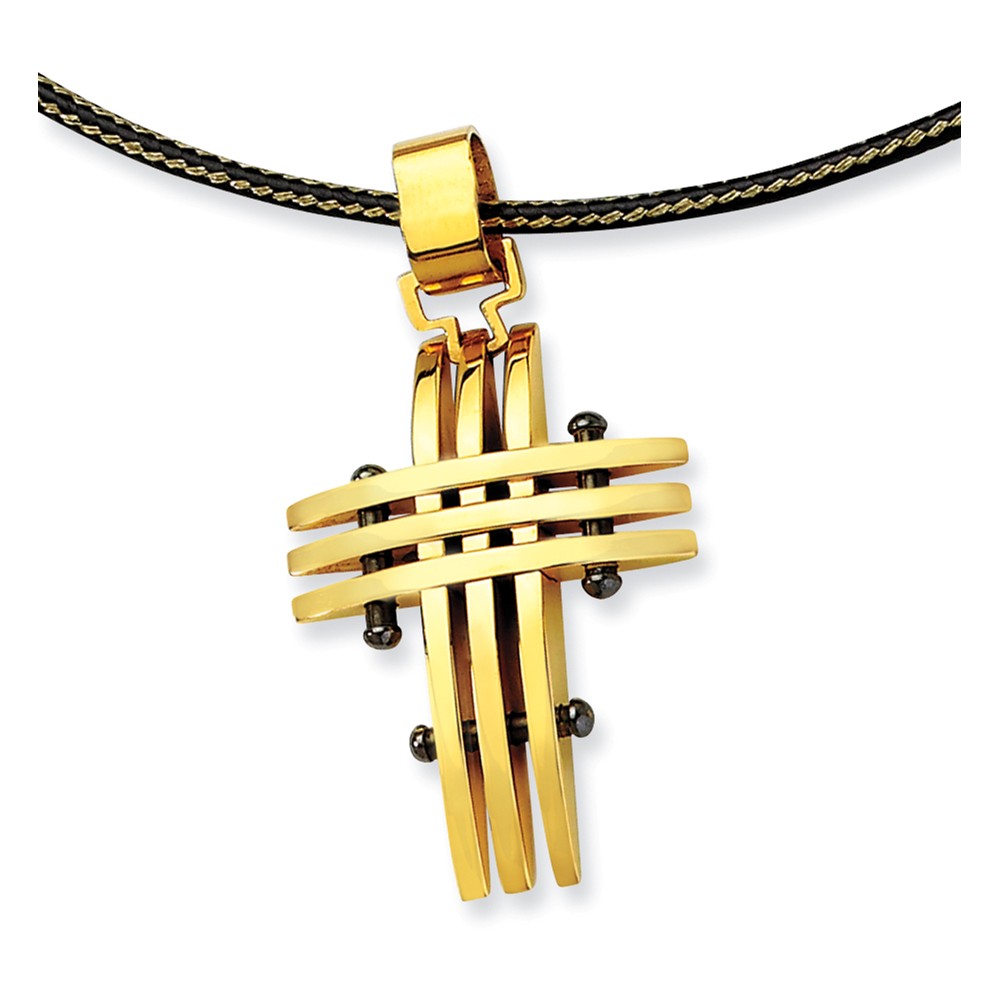 Gold Tone & Black Plated Stainless Steel Grid Cross Necklace