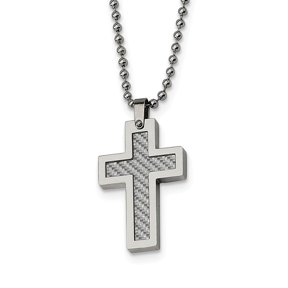 Stainless Steel and Grey Carbon Fiber Cross Necklace