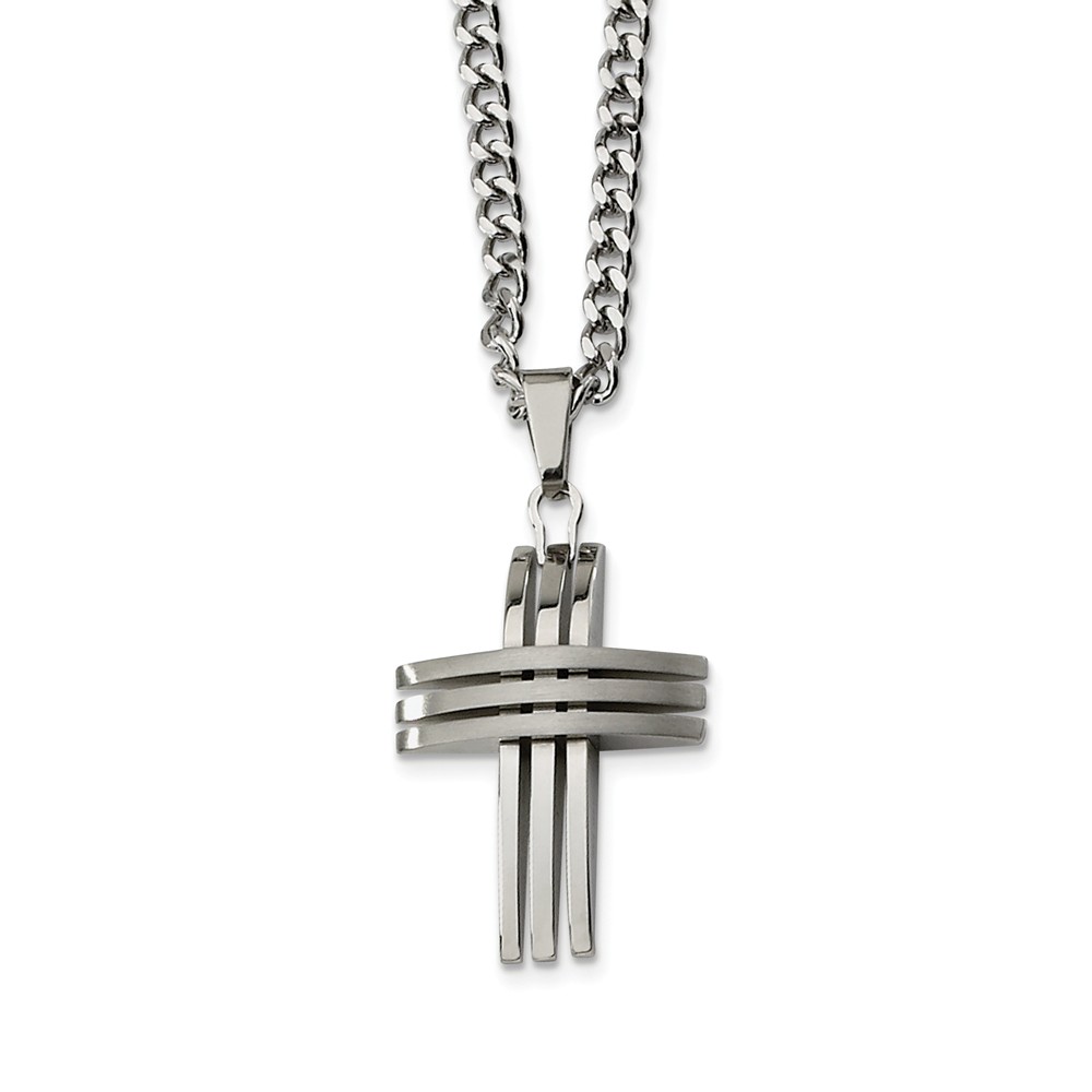 Stainless Steel Three Bar Cross and Curb Chain Necklace