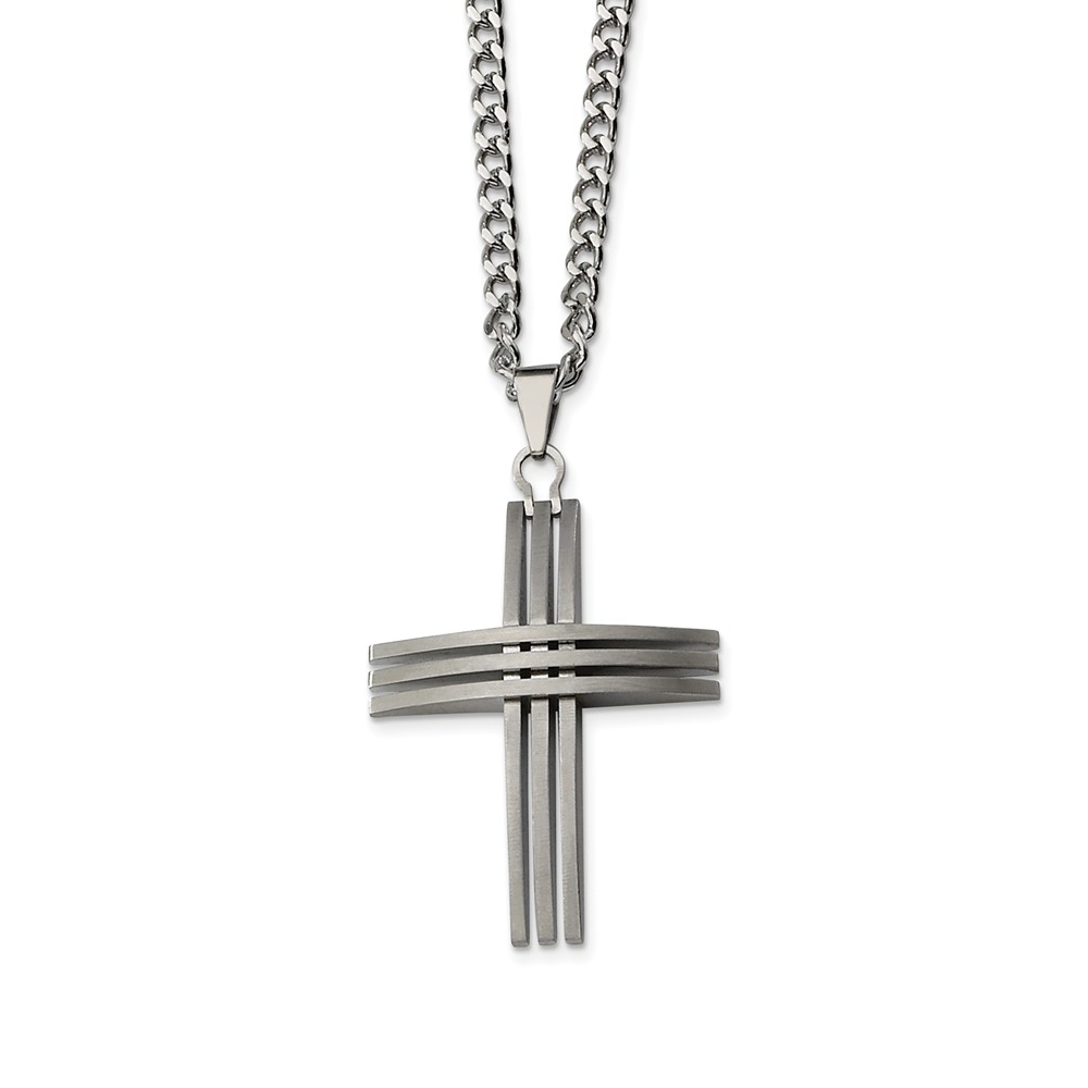 Stainless Steel Triple Bar Cross and Curb Chain Necklace
