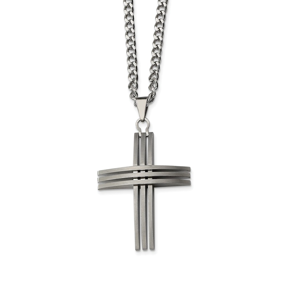 Stainless Steel Triple Bar Cross and Curb Chain Necklace - 24 Inch