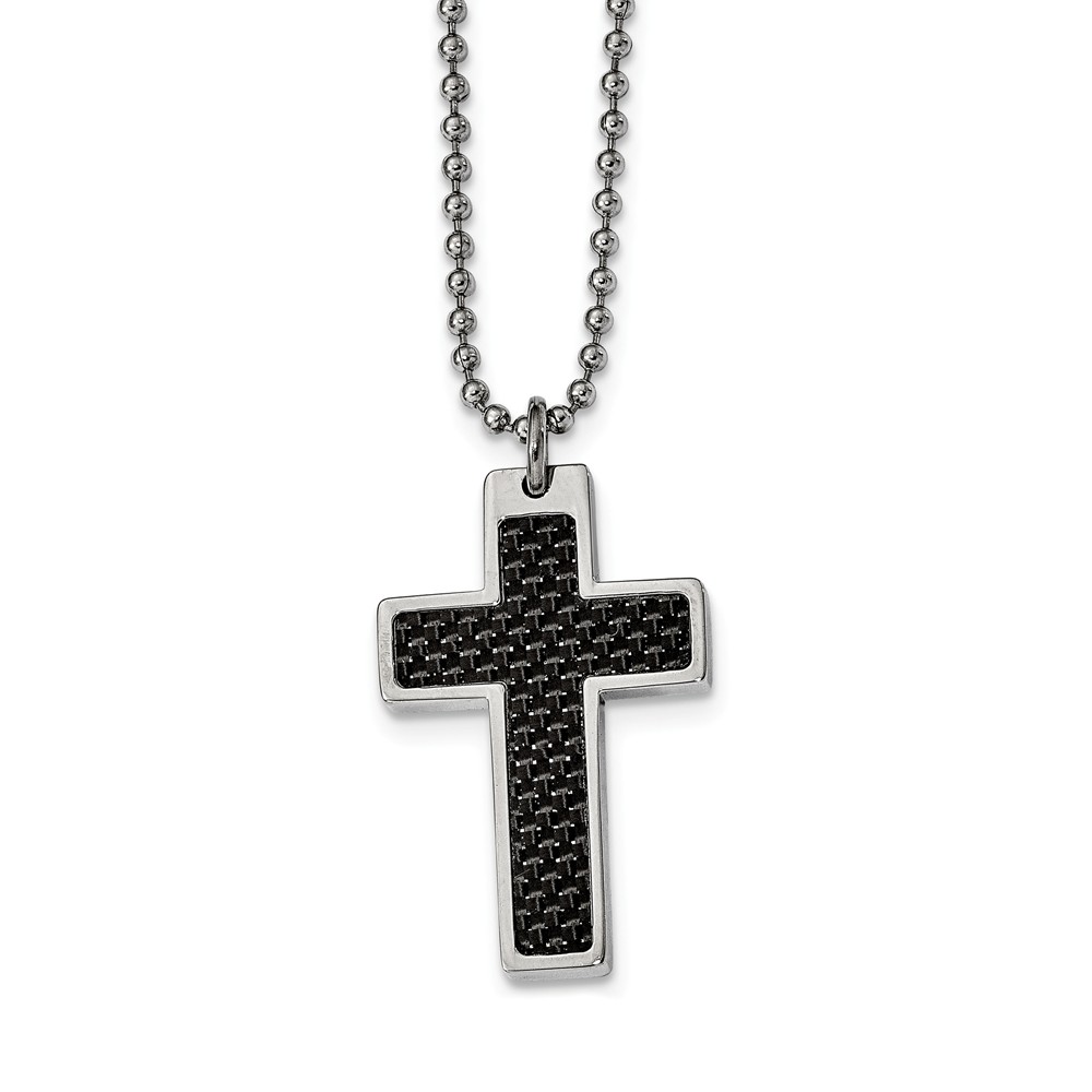 Steel and Black Carbon Fiber Cross and Beaded Chain Necklace - 20 Inch