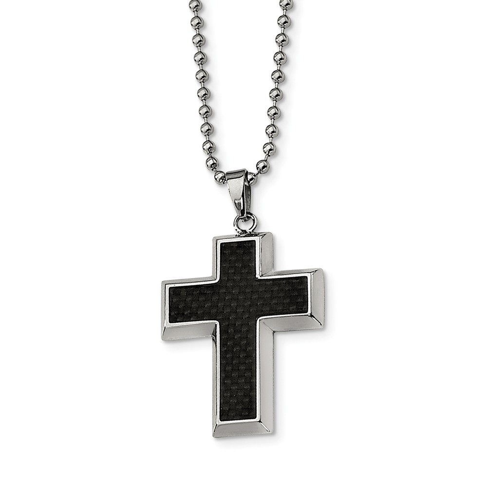 Stainless Steel and Black Carbon Fiber Inlay Cross Necklace