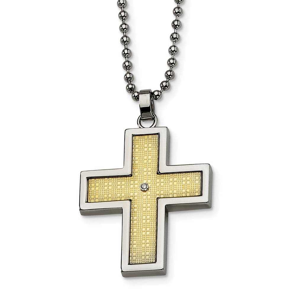 Stainless Steel, 14k Gold and Diamond Accent Cross Necklace