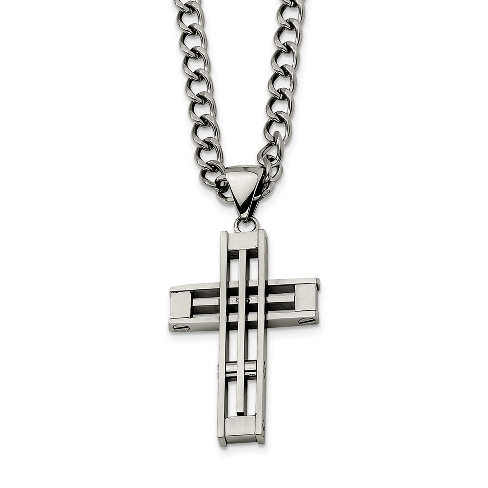 Stainless Steel Cross and 5mm Curb Chain Necklace - 22 Inch