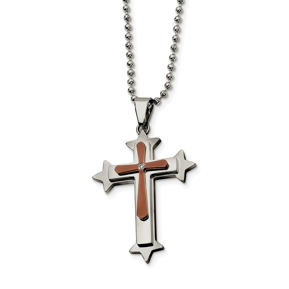 Stainless Steel, Cognac Accent and Cubic Zirconia Cross Necklace