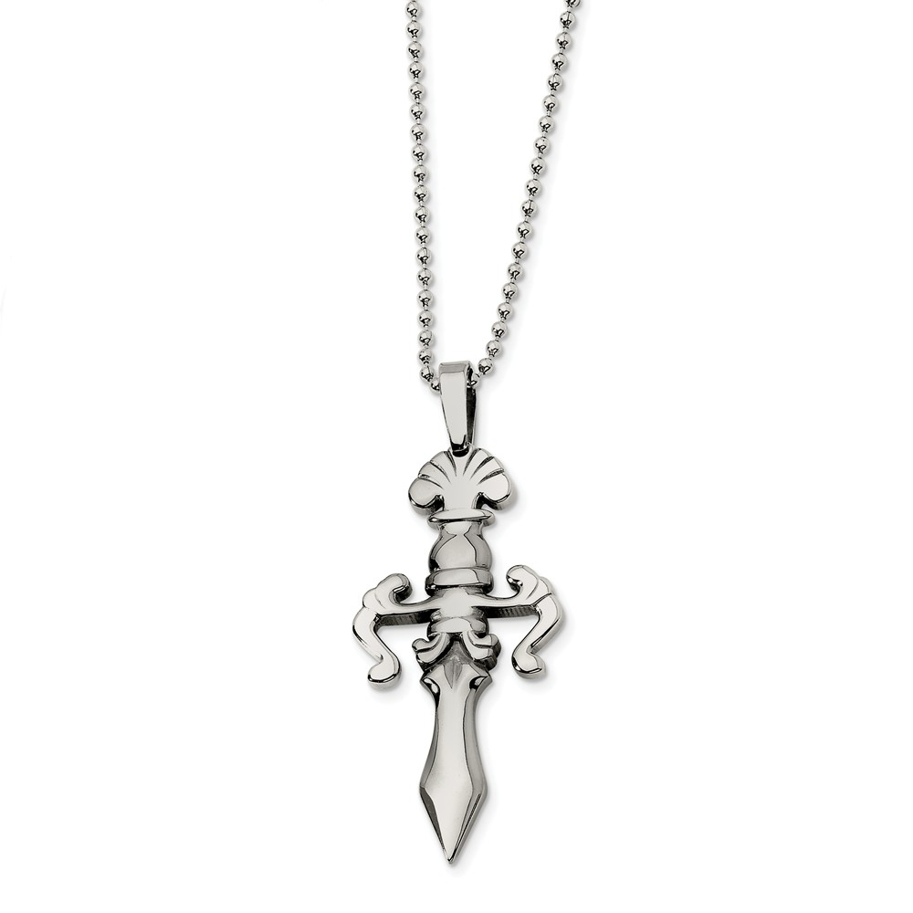 Men's Steel Fleur de lis Dagger Beaded Chain Necklace