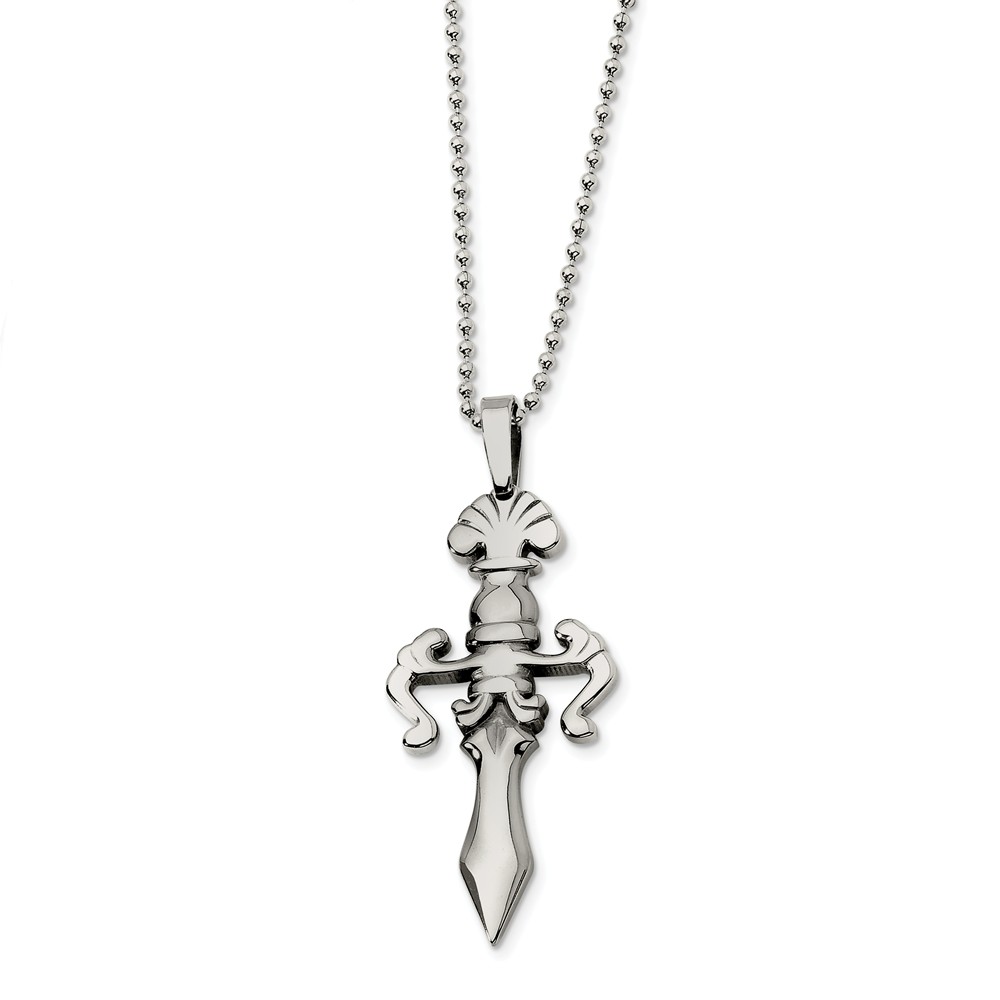 Men&#039;s Steel Fleur de lis Dagger Beaded Chain Necklace - 24 Inch