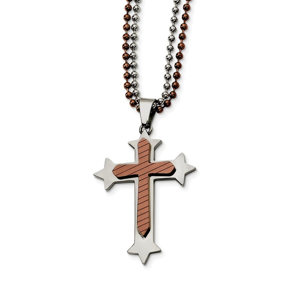 Men&#039;s Stainless Steel and Cognac Accent Cross Necklace