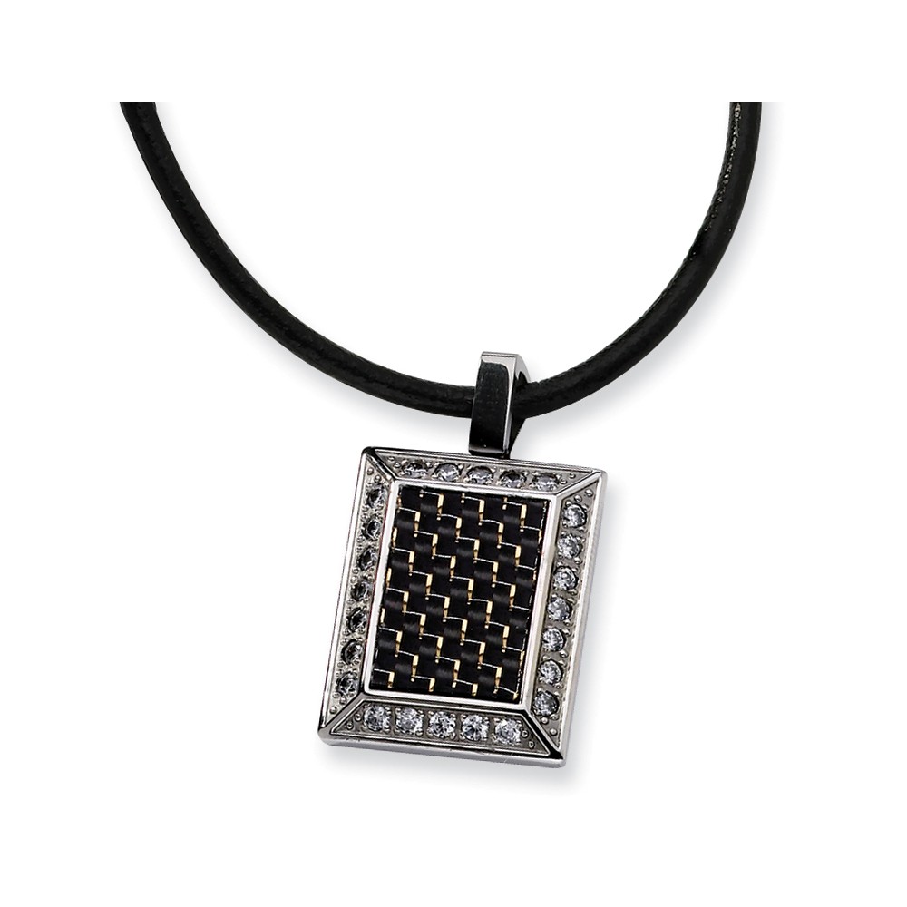 Men&#039;s Stainless Steel, Black Carbon Fiber &amp; CZ Necklace, 22 Inch