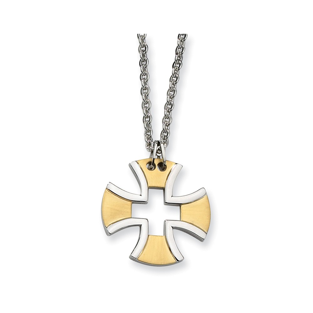 Stainless Steel and Gold Tone Maltese Cross Necklace - 18 Inch