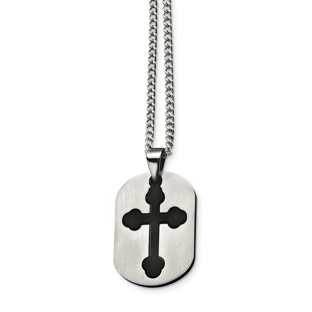 Stainless Steel and Black Budded Cross Two Piece Dog Tag Necklace