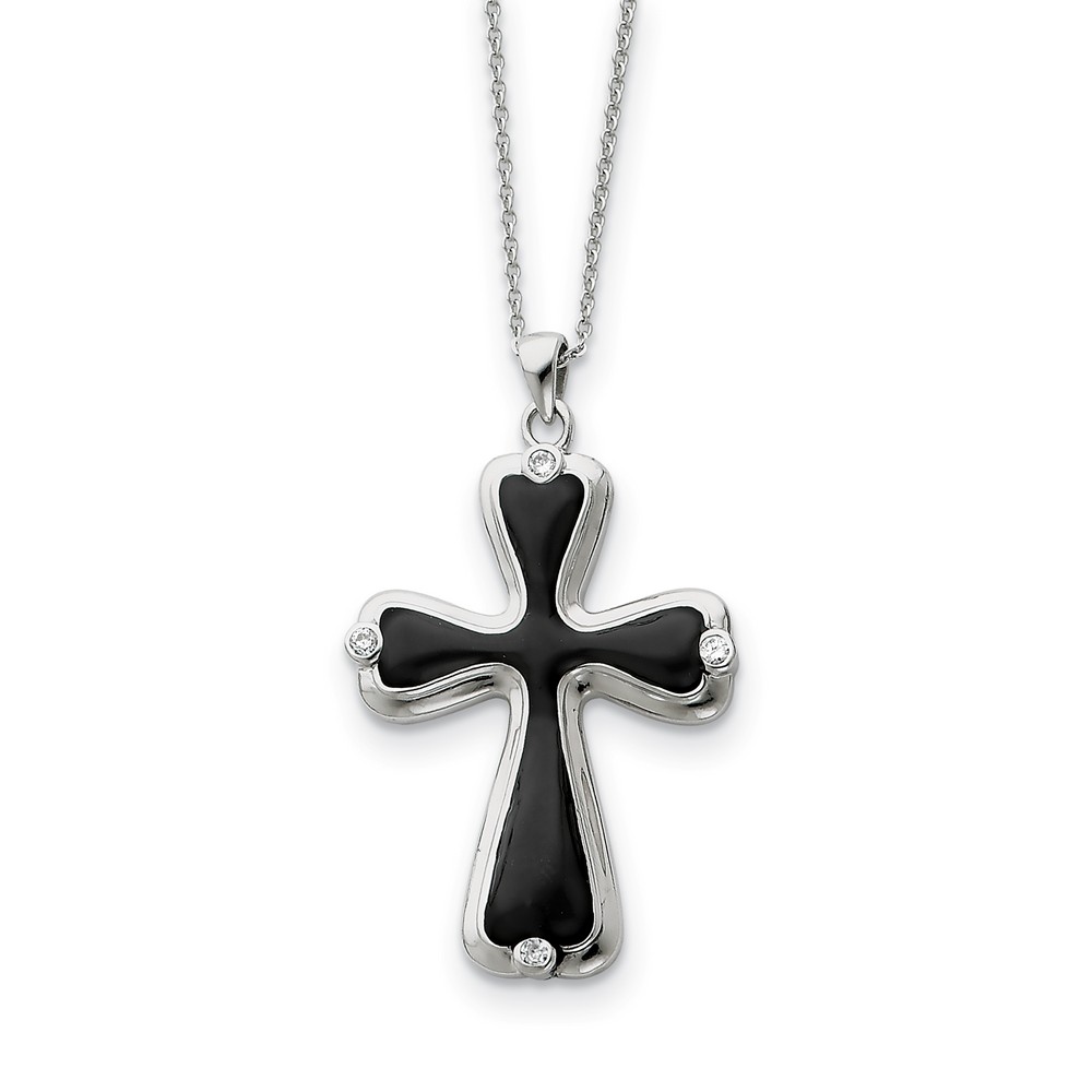 Sterling Silver, Black Enamel &amp; CZ My Refuge Cross Necklace, 18 Inch