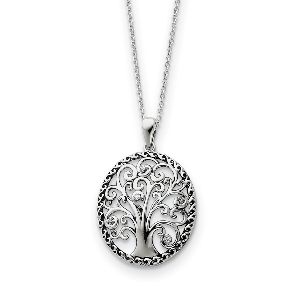 Rhodium Plated Sterling Silver &amp; CZ Tree of Life Necklace, 18 Inch