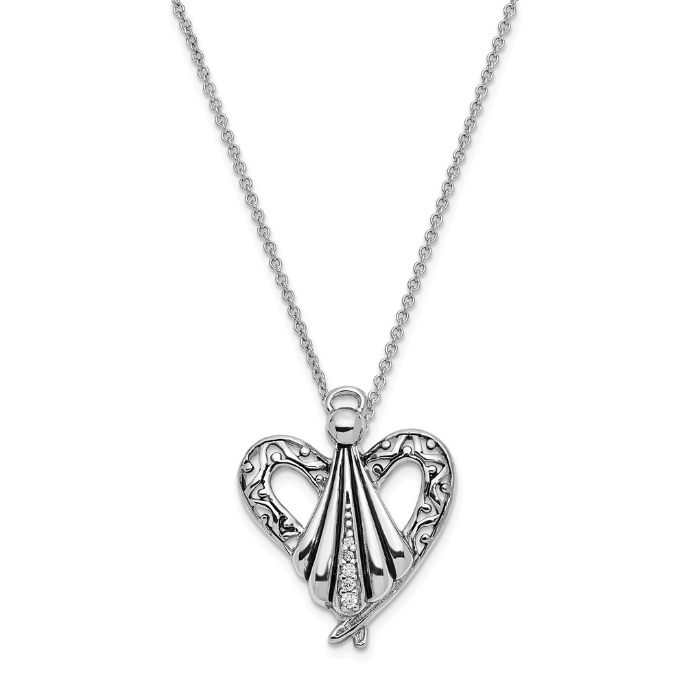 Rhodium Plated Sterling Silver & CZ Angel of Friendship Necklace, 18in