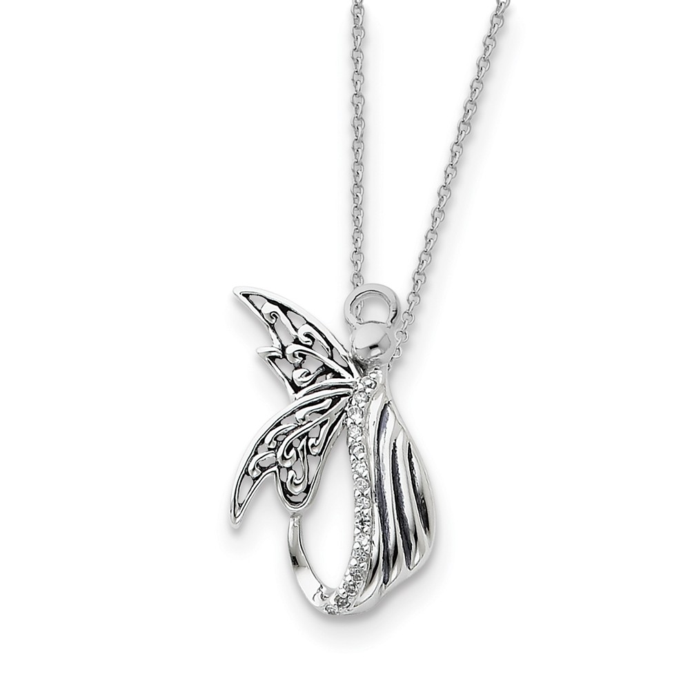 Rhodium Plated Sterling Silver &amp; CZ Angel of Perseverance Necklace