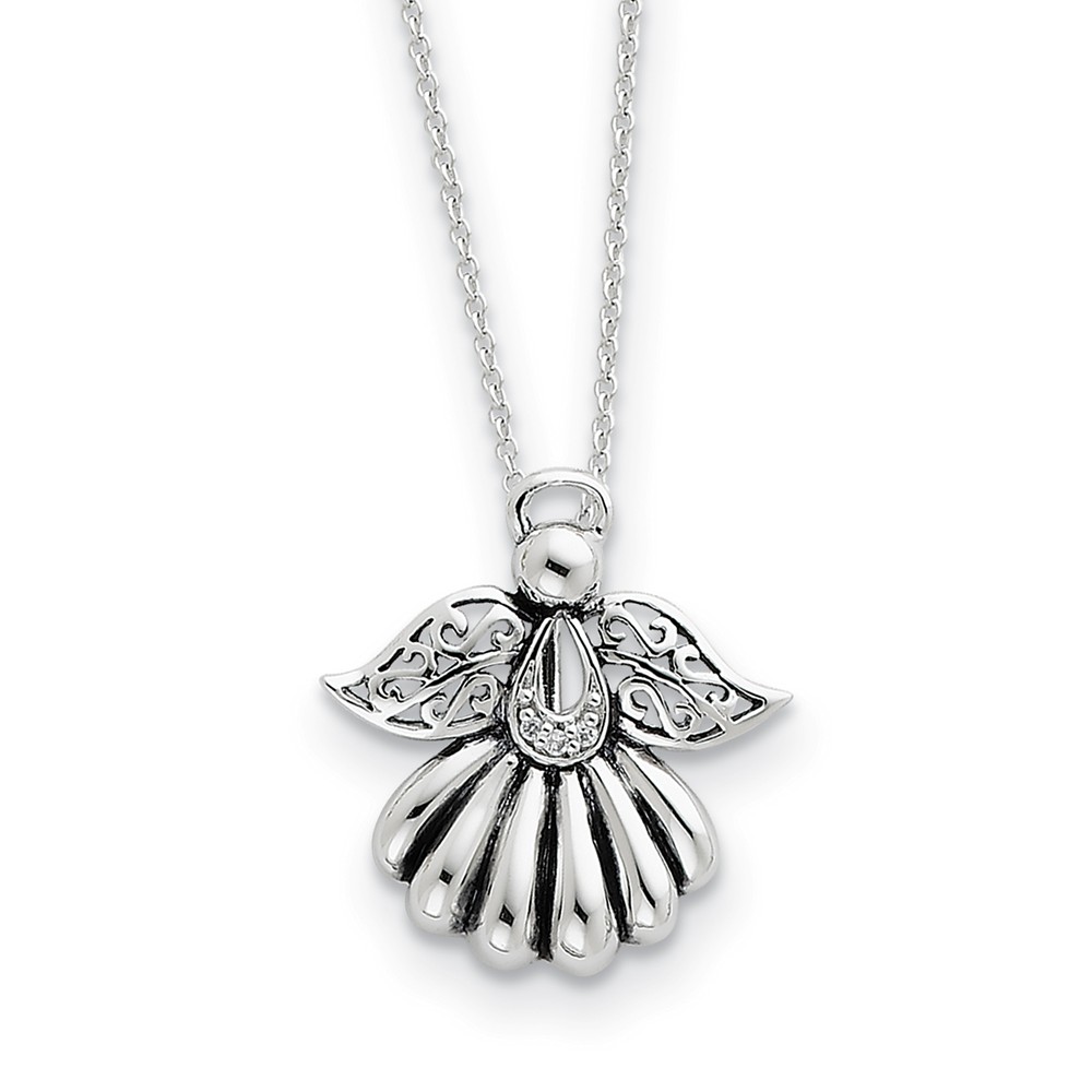 Rhodium Plated Sterling Silver &amp; CZ Angel of Remembrance Necklace