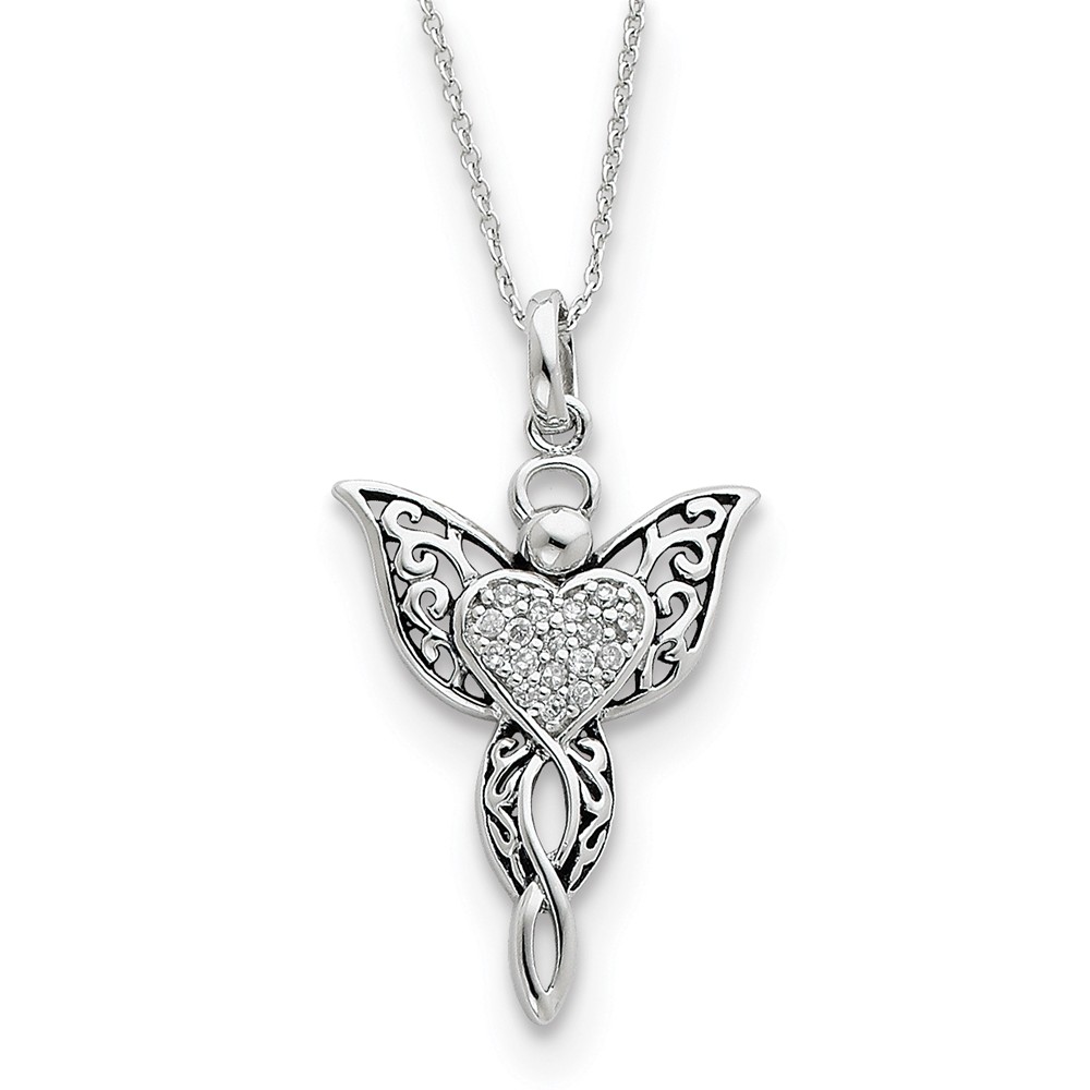 Rhodium Plated Sterling Silver &amp; CZ Angel of Blessing Necklace, 18in