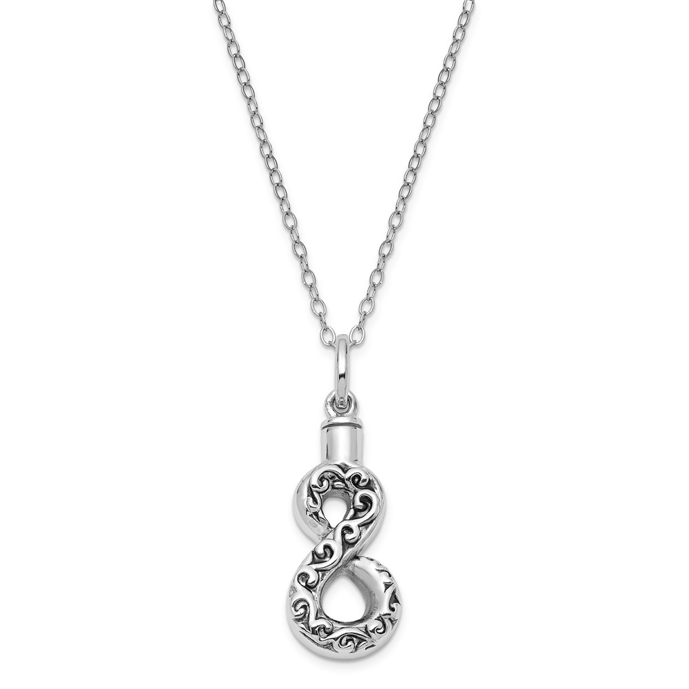 Rhodium Sterling Silver Antiqued Infinity Ash Holder Necklace, 18 Inch