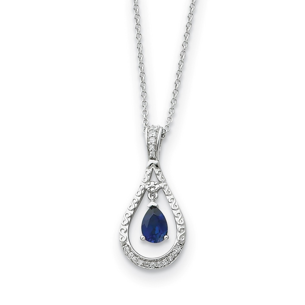 Rhodium Sterling Silver Sept. CZ & Cr. Sapphire Never Forget Necklace