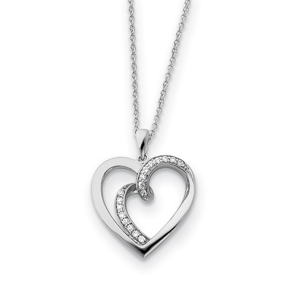 Rhodium Plated Sterling Silver &amp; CZ Soul Mate Heart Necklace, 18 Inch