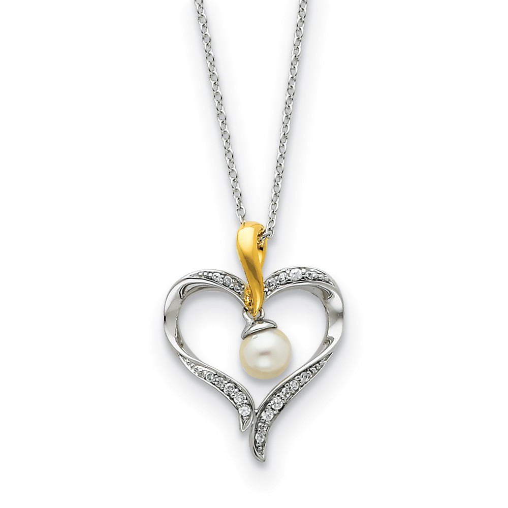 Plated Sterling Silver, FW Cultured Pearl &amp; CZ Heart &amp; Soul Necklace