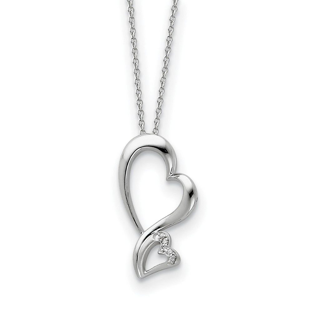 Rhodium Plated Sterling Silver &amp; CZ Protected Heart Necklace, 18 Inch