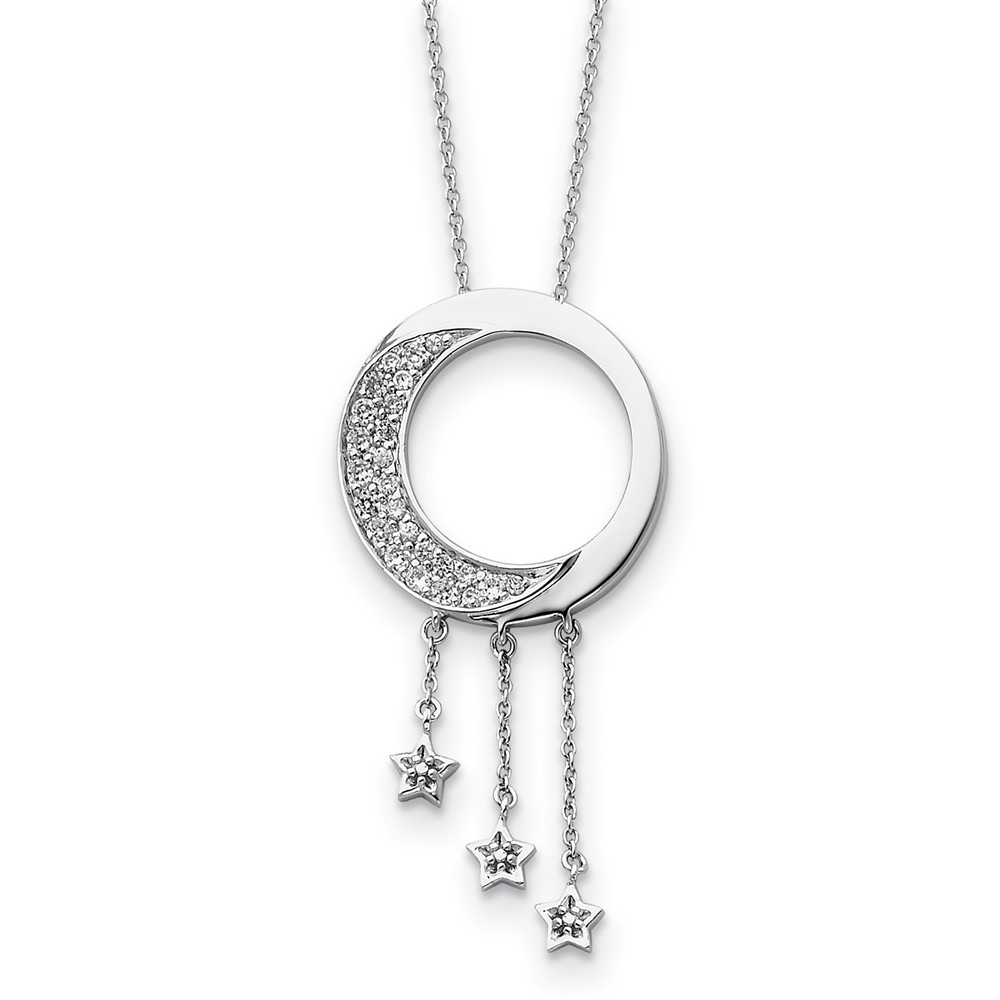 Rhodium Plated Sterling Silver &amp; CZ Moon and Stars Necklace, 18 Inch