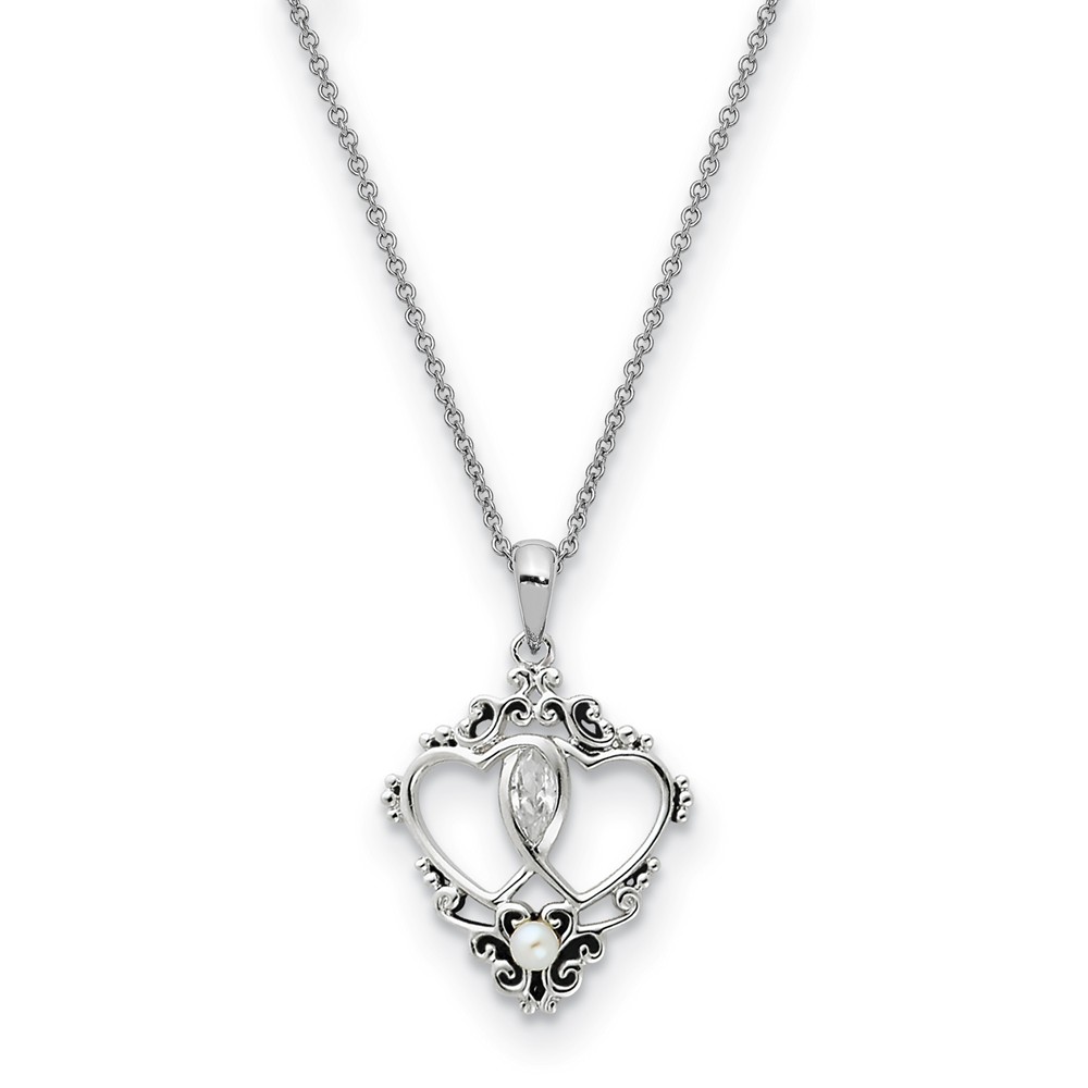 Sterling Silver, FW Cultured Pearl &amp; CZ Two Hearts, One Love Necklace