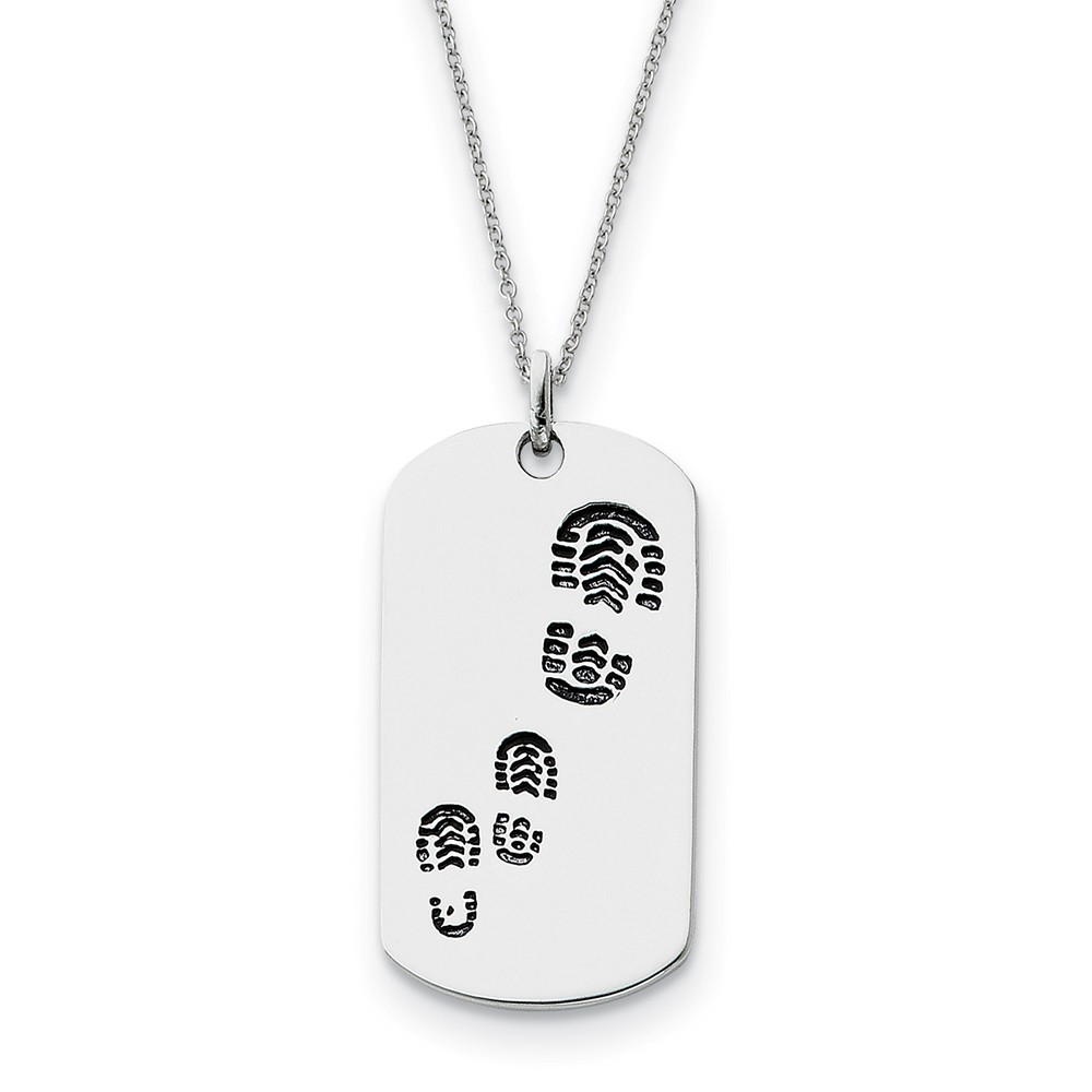 Rhodium Plated Sterling Silver Footsteps Dog Tag Necklace, 18 Inch