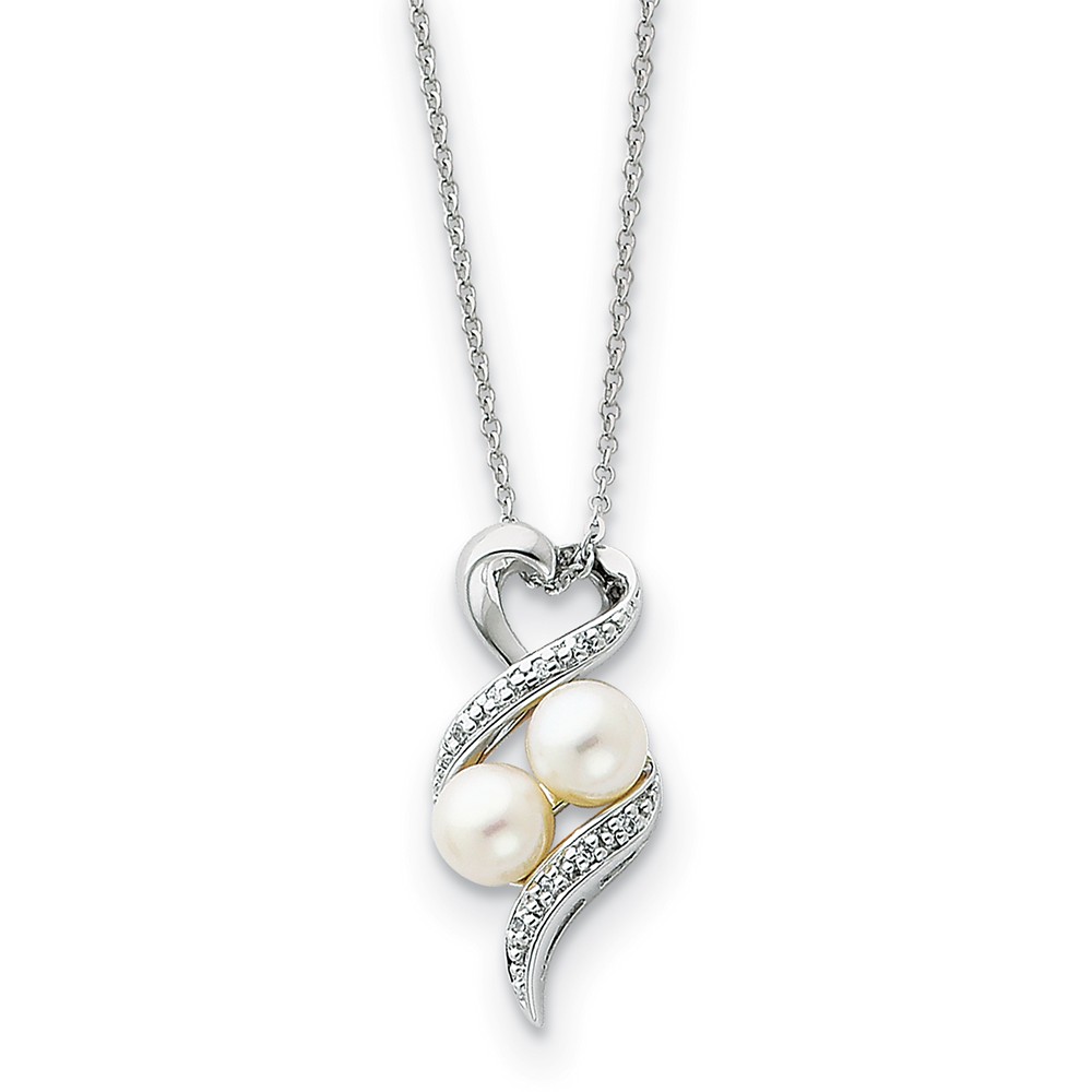 Sterling Silver, FW Cultured Pearl &amp; CZ 2 P&#039;s in a Pod Heart Necklace