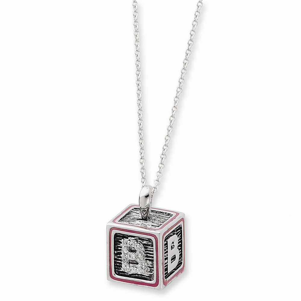 Rhodium Sterling Silver & Pink Enamel Family Building Block Necklace