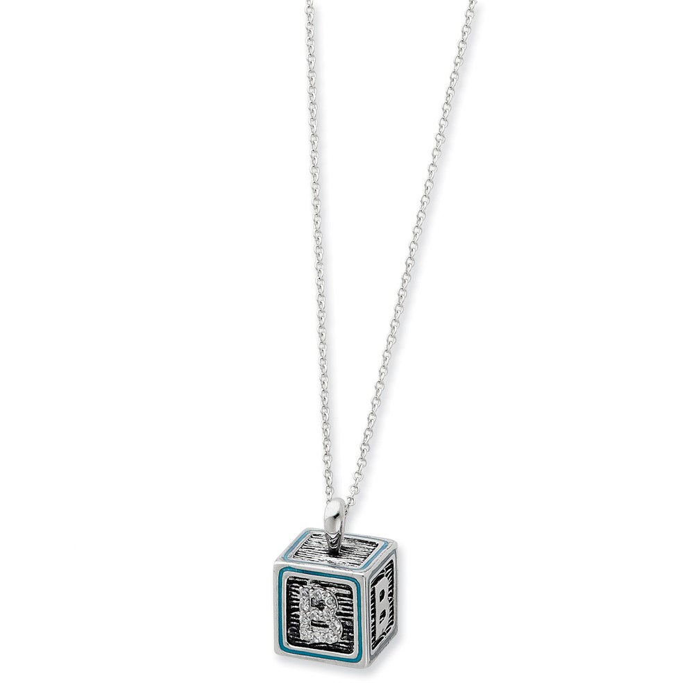 Rhodium Sterling Silver &amp; Blue Enamel Family Building Block Necklace