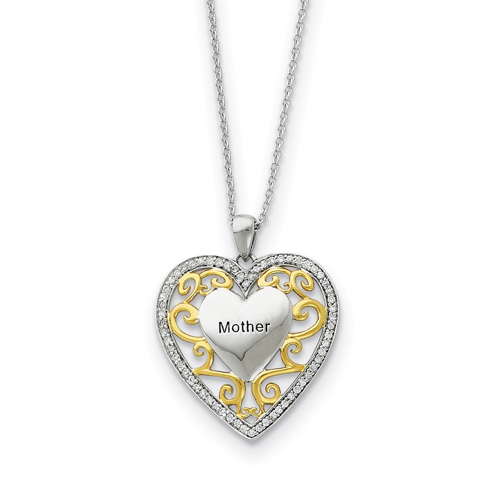 Rhodium & Gold Tone Plated Silver & CZ Mother Heart Necklace